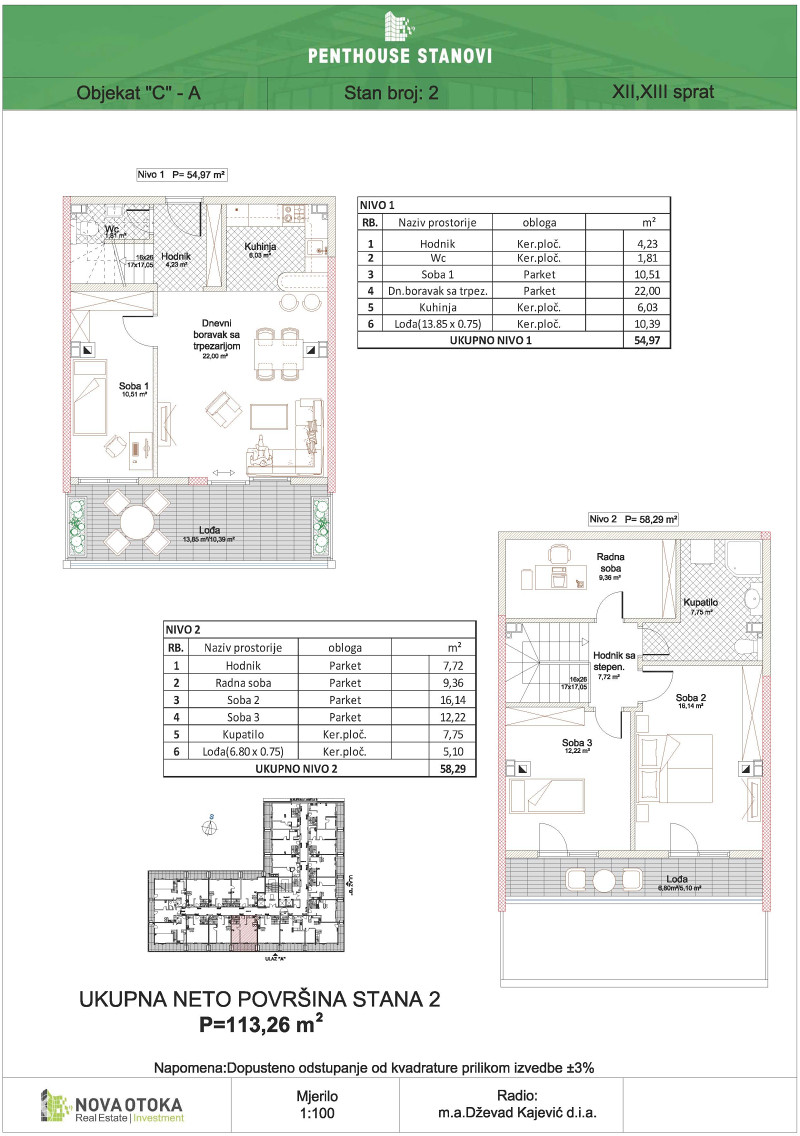 Penthouse stan, Nova Otoka, Sarajevo, lamela C (113m2)
