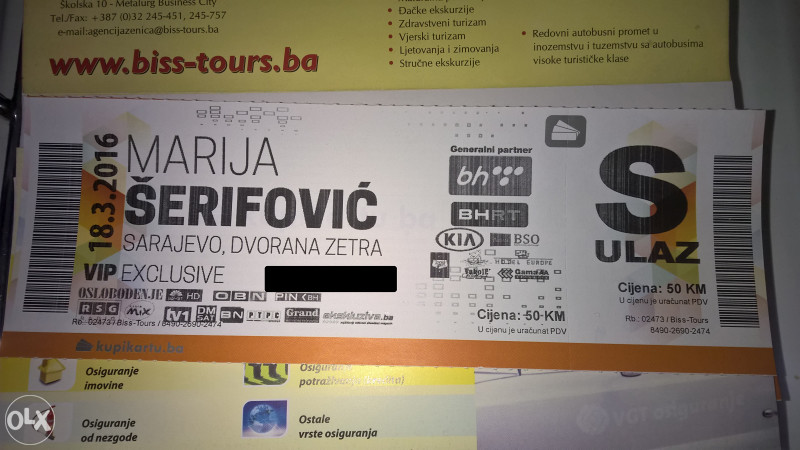 VIP karte za koncert - Marija Šerifović Zetra Sarajevo