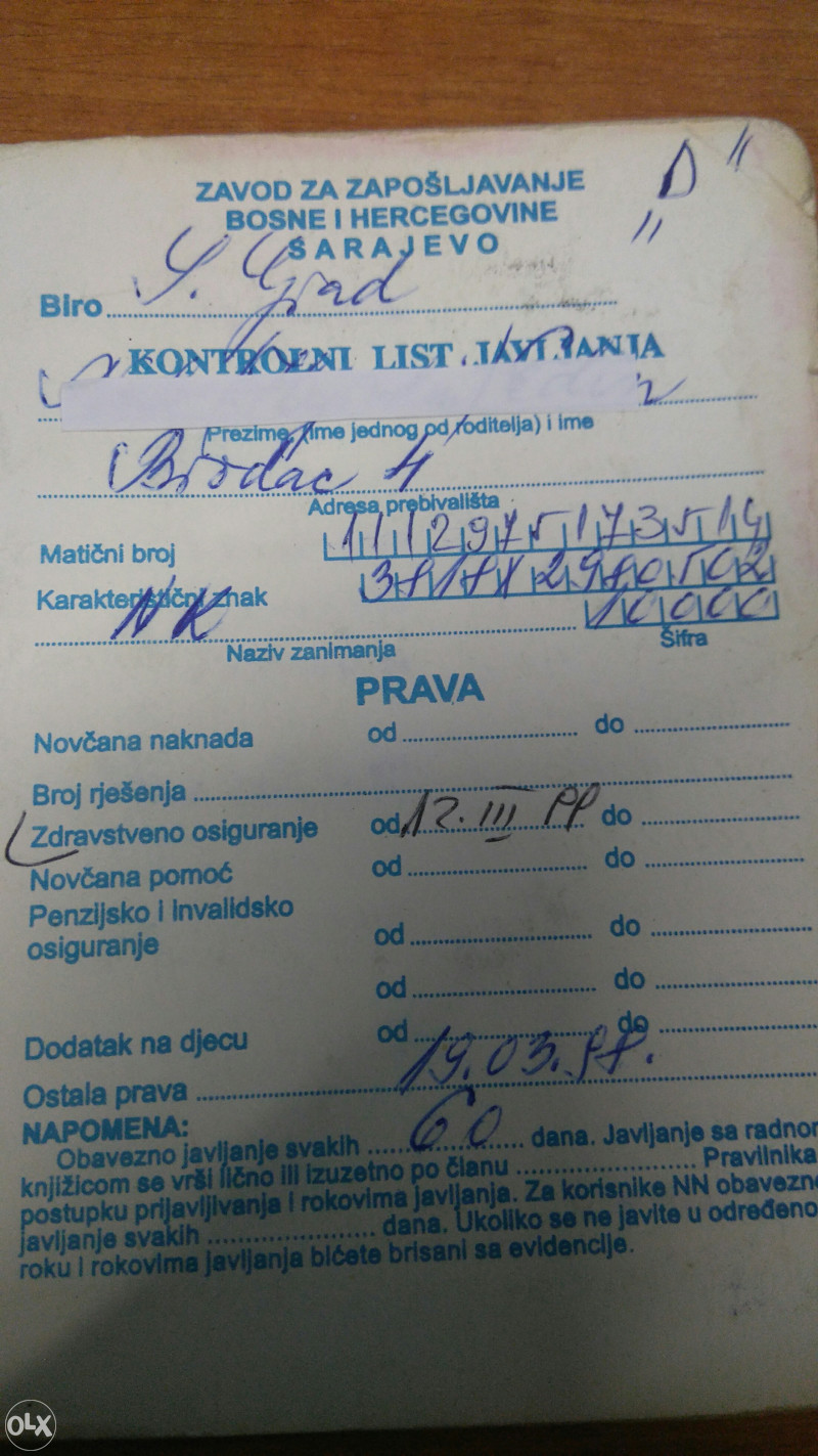 Radna knjižica 1996 sa suhim žigom i prijavom na biro