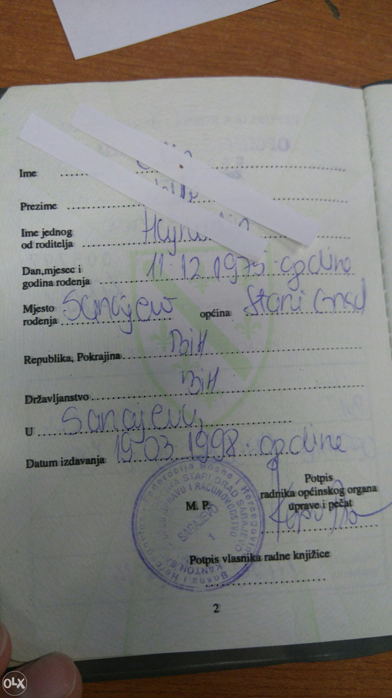 Radna knjižica 1996 sa suhim žigom i prijavom na biro